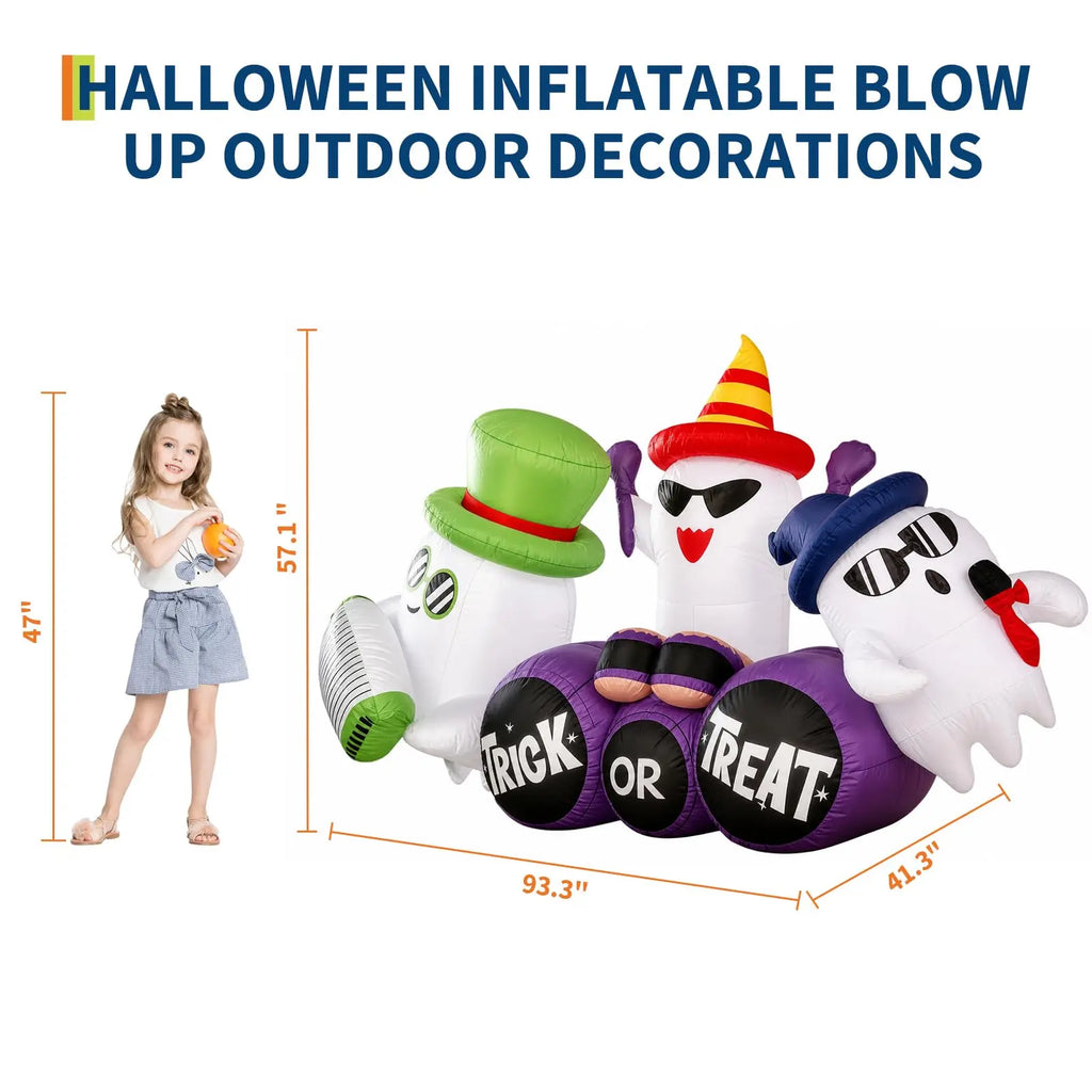 Ghost band inflatable size chart: 93.3 in long, 57.1 in tall and 41.3 in deep, shown next to a 47 in tall child