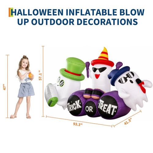 Ghost band inflatable size chart: 93.3 in long, 57.1 in tall and 41.3 in deep, shown next to a 47 in tall child