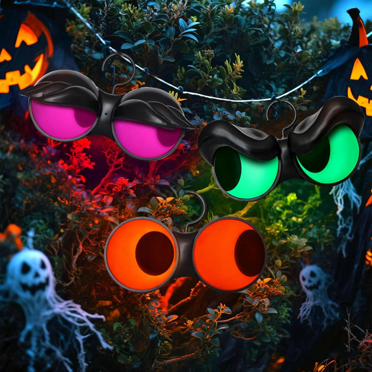 Three pairs of flashing peeping eyes glowing magenta, green and orange in a dark bush at night