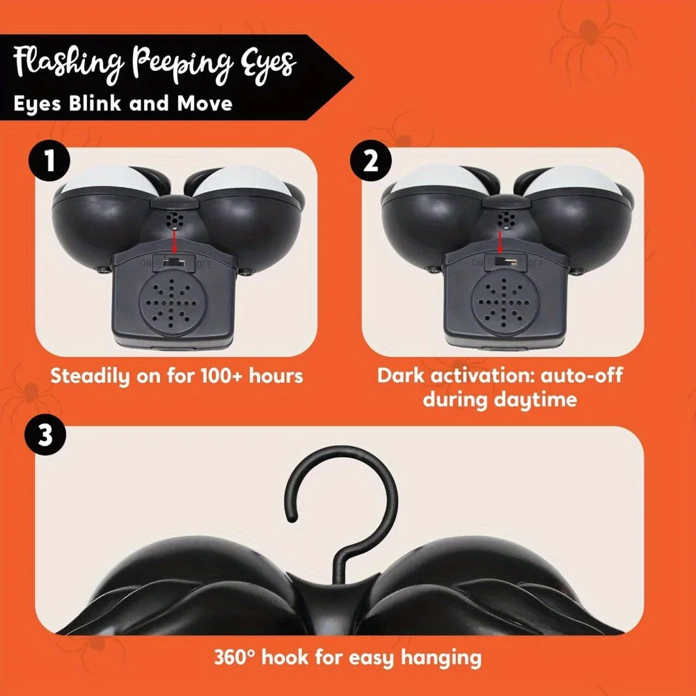 Peeping eyes features: steady-on mode, dark activation that switches off in daytime, and a 360 degree hanging hook