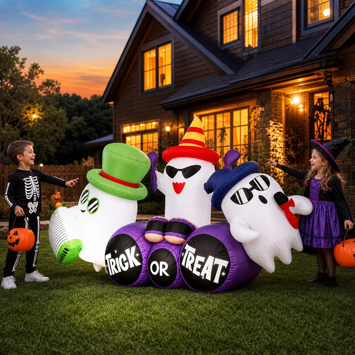 Ghost band inflatable on a front lawn at dusk: three ghosts in hats and glasses, one with an accordion-style instrument and one behind purple Trick or Treat drums, with two children in costumes