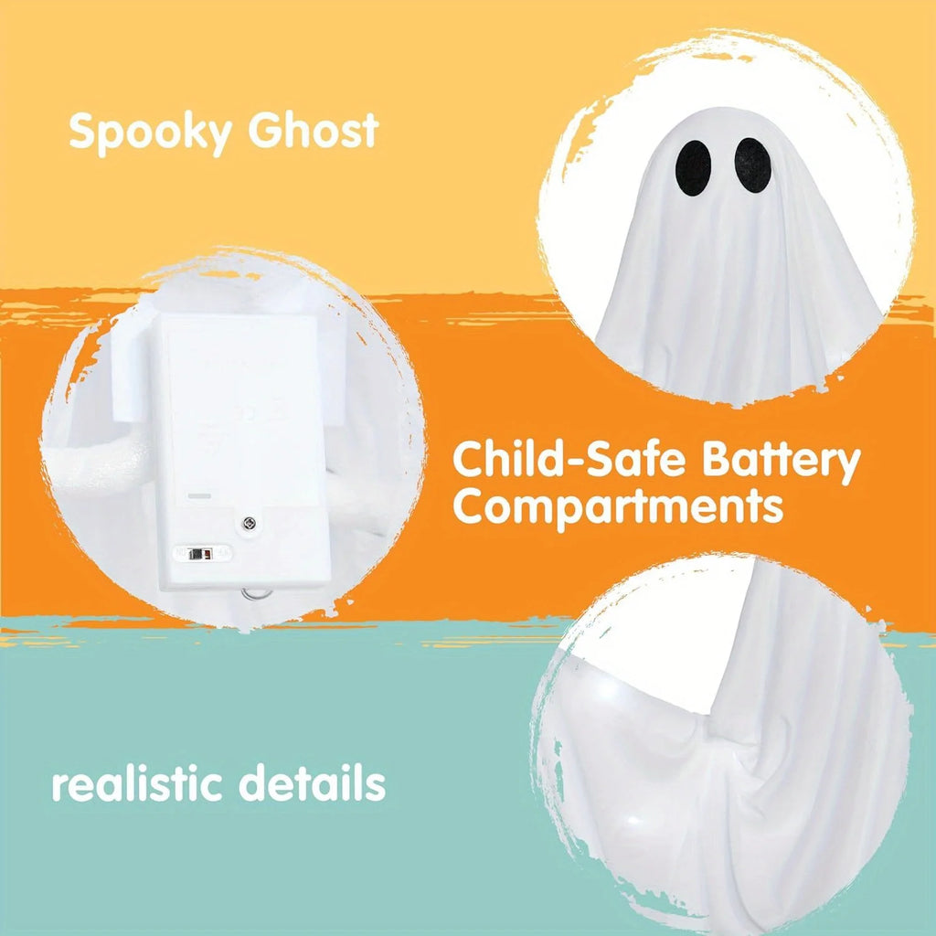 Hanging ghost details: white battery compartment, face with two black eyes and sheer white fabric