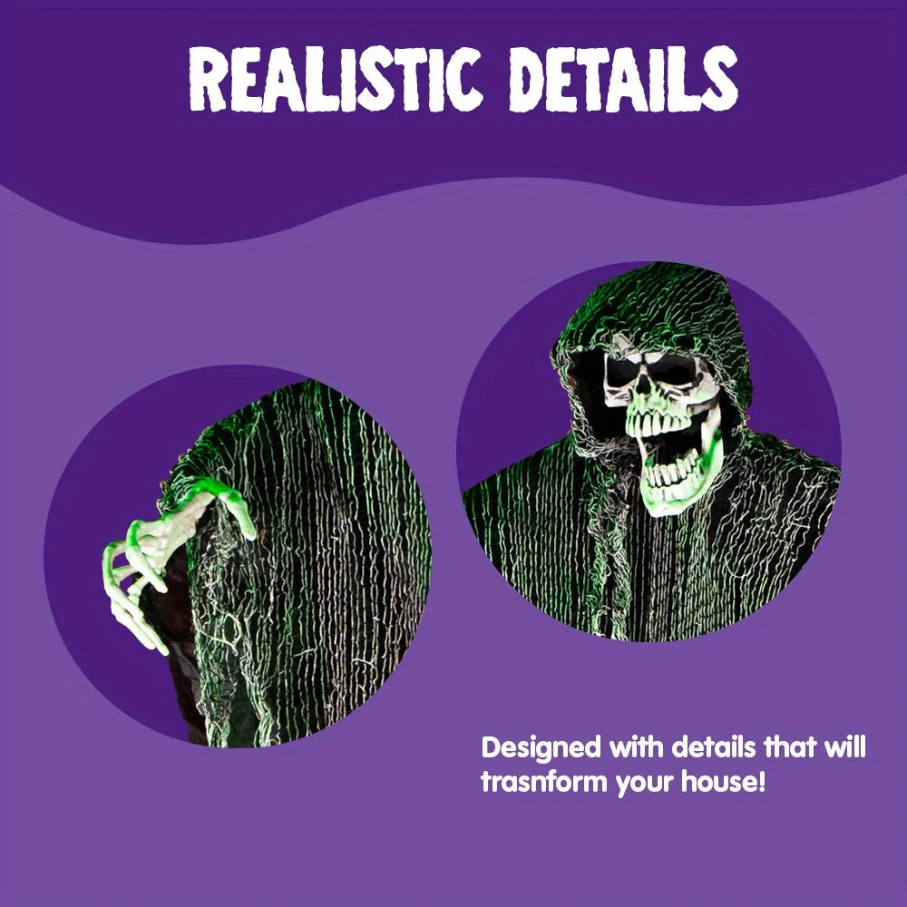 Close-up of a hanging grim reaper: skull face and skeleton hand with tattered green gauze